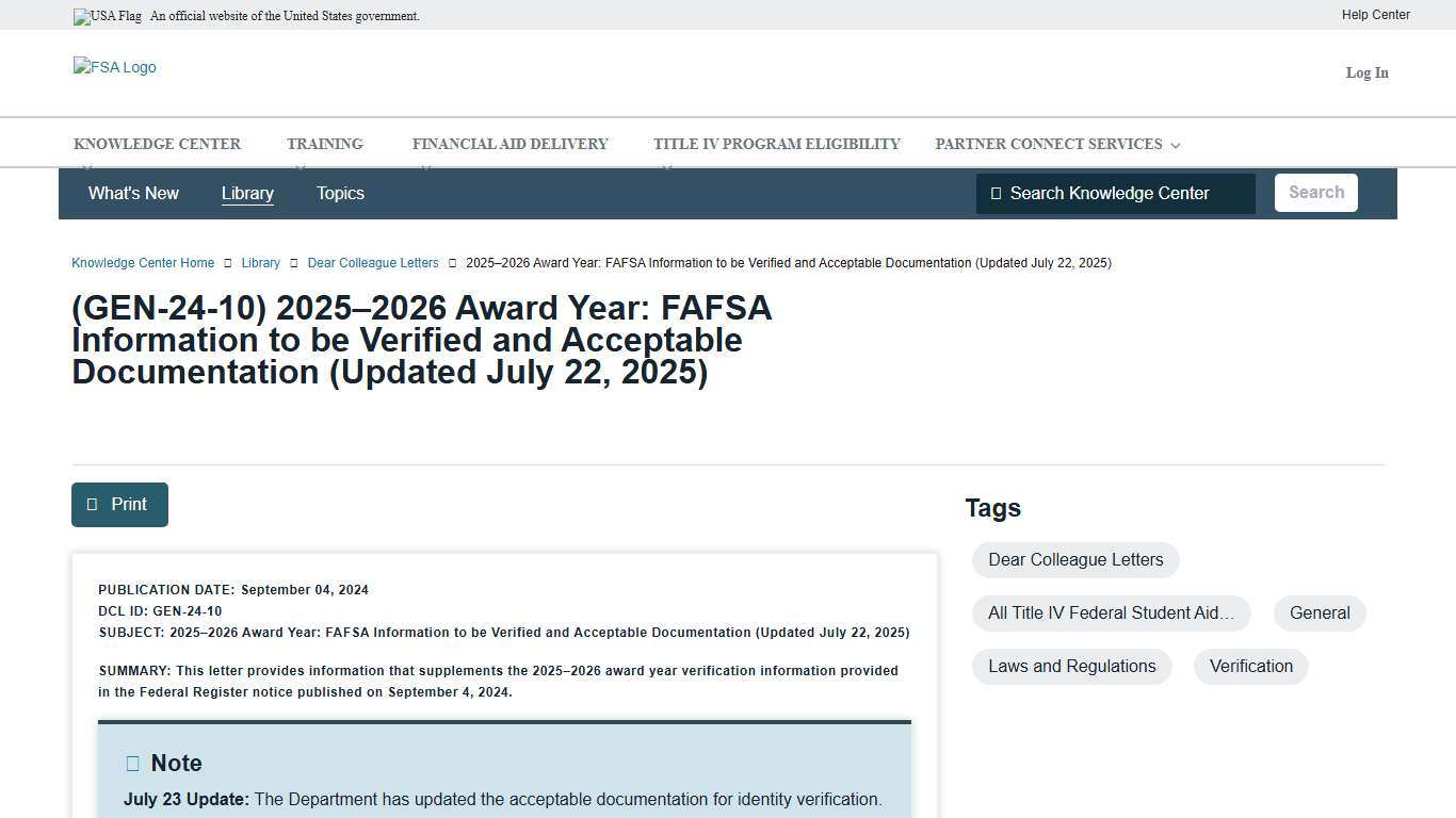2025–2026 Award Year: FAFSA Information to be Verified and Acceptable Documentation (Updated July 22, 2025) Knowledge Center