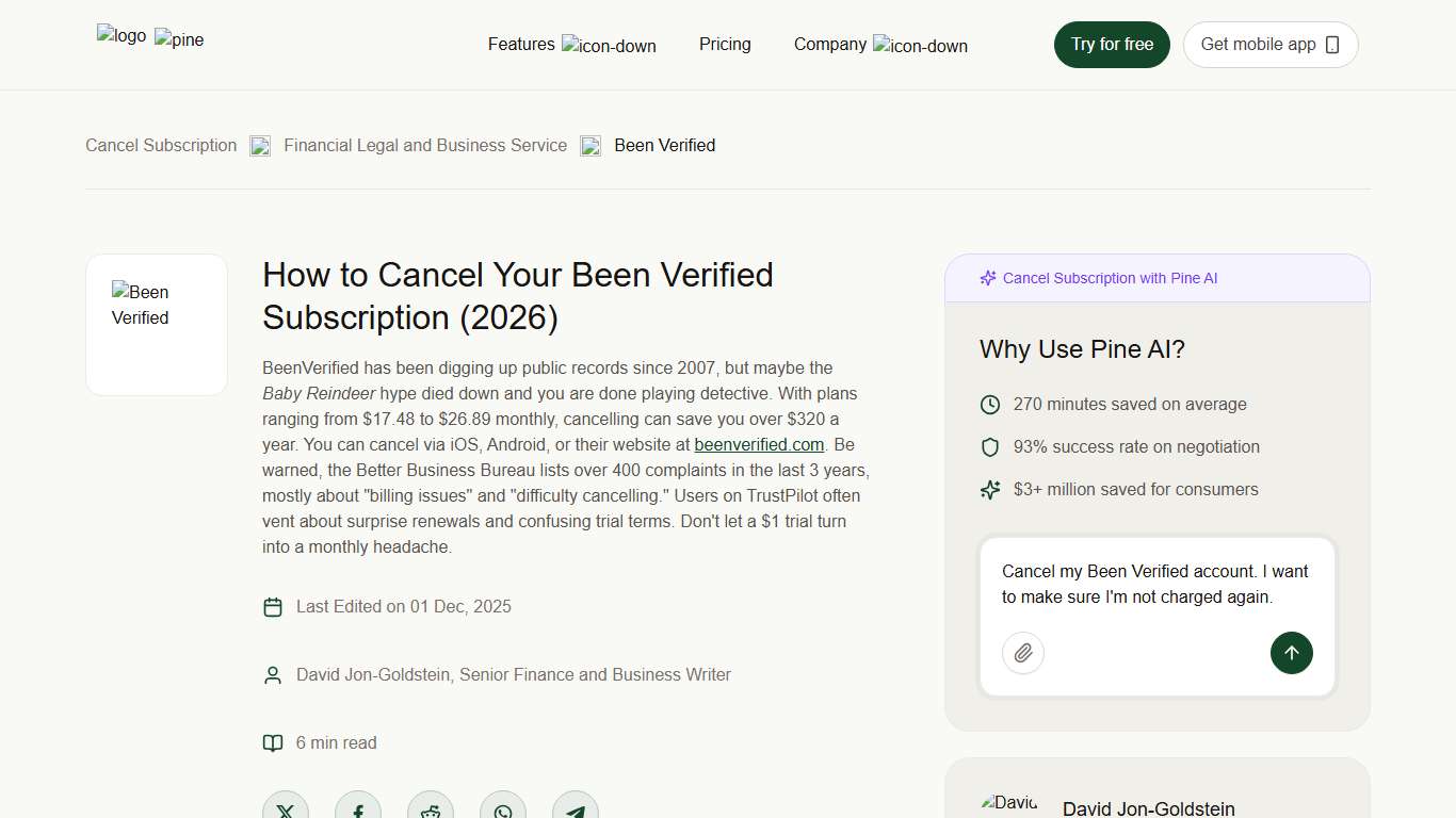 How to Cancel Your Been Verified Subscription (2026) Pine AI